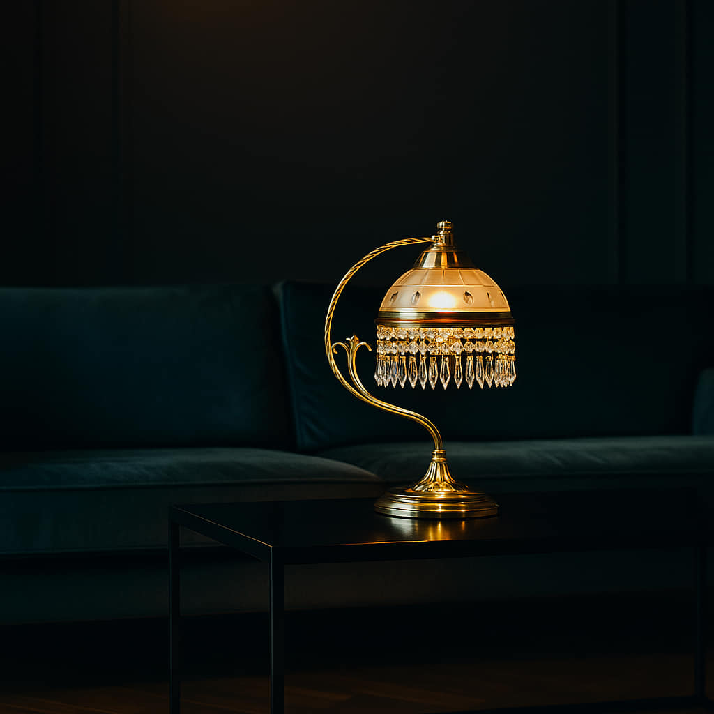 Phong cách Cổ điển & Quyền lực: Đèn Đồng kết hợp Sofa Da/Nhung