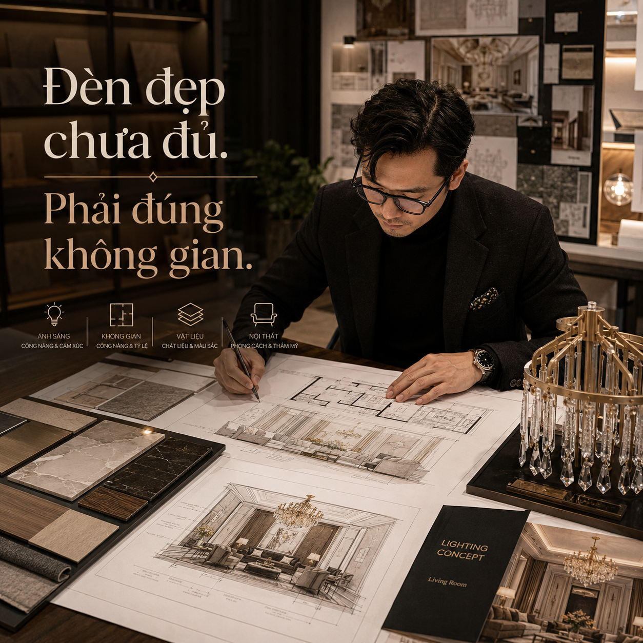 Kiến trúc sư lựa chọn mẫu đèn chùm phòng khách hiện đại